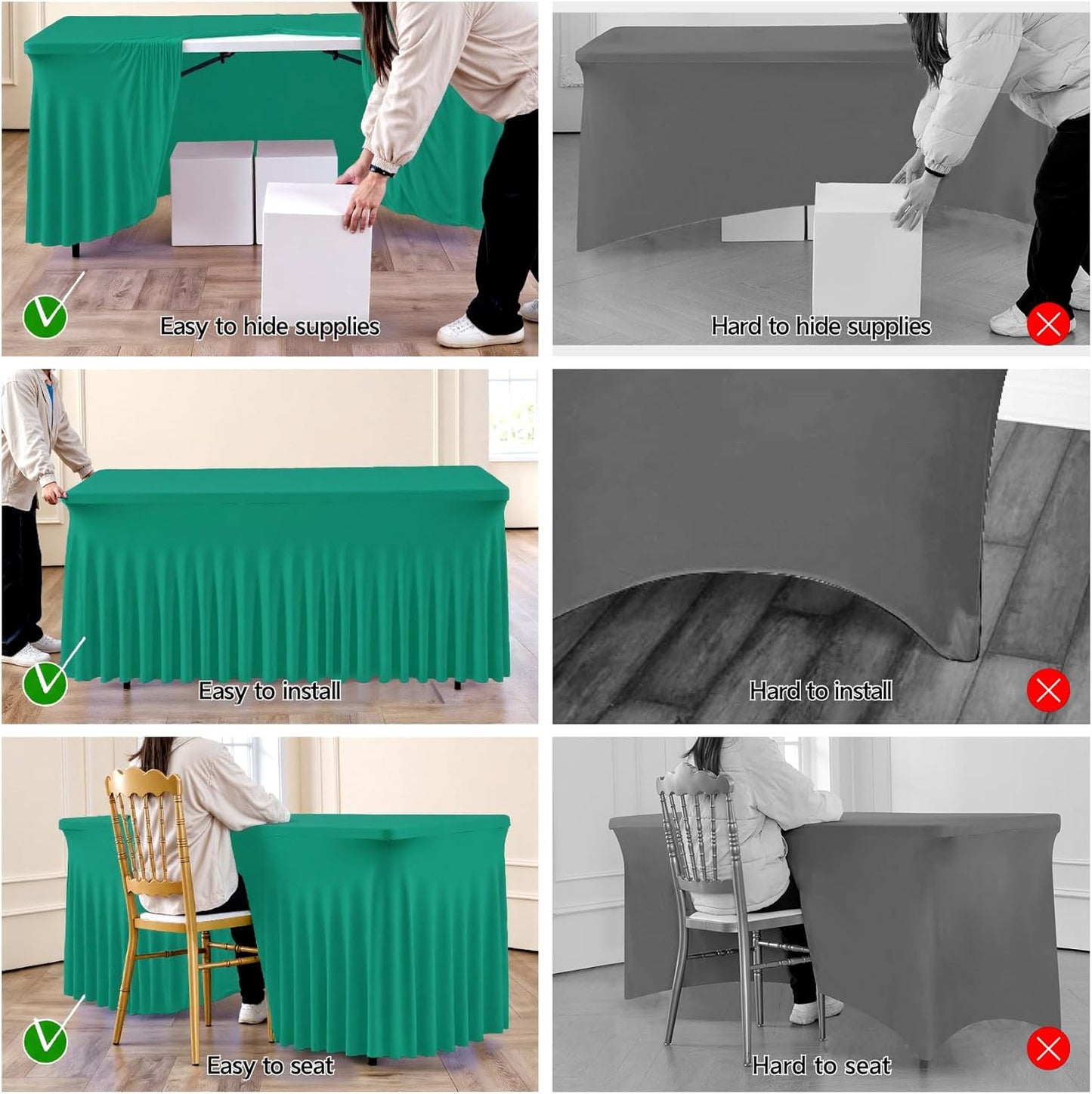 Emerald Spandex Table Clothes for 6 Foot Rectangle Tables, 2 Pack Wrinkle Free Rectangle Table Cloth 6ft Stretch Fitted Tablecloths with Skirt for Parties Weddings Birthday Banquet Baby Shower