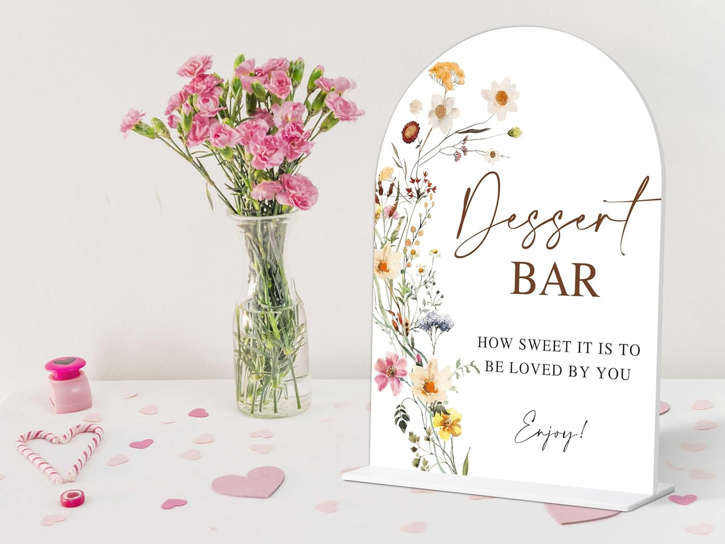 Dessert Table Sign, Flower Style Bridal Shower Sign for Wedding, Engagement, Bridal Shower and Reception, Dessert Table Decorations, Wedding Shower Favors, 6X8 Inch Acrylic Arch Sign with Stand,6