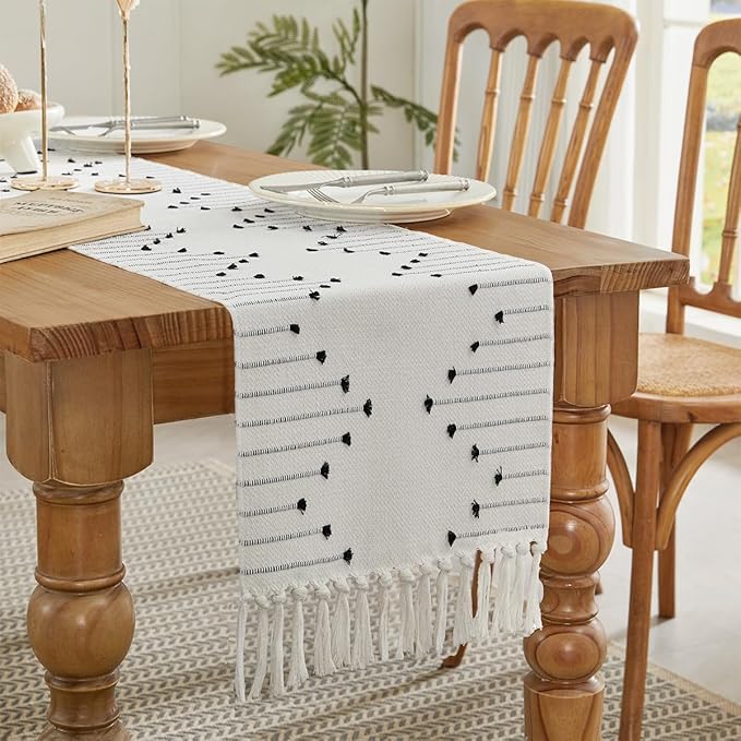 Wracra Boho Table Runner, Natural Cotton Woven Macrame Table Runners 90 Inches Long for Modern Farmhouse Woven Home Decor, 14x90 Inch, Black