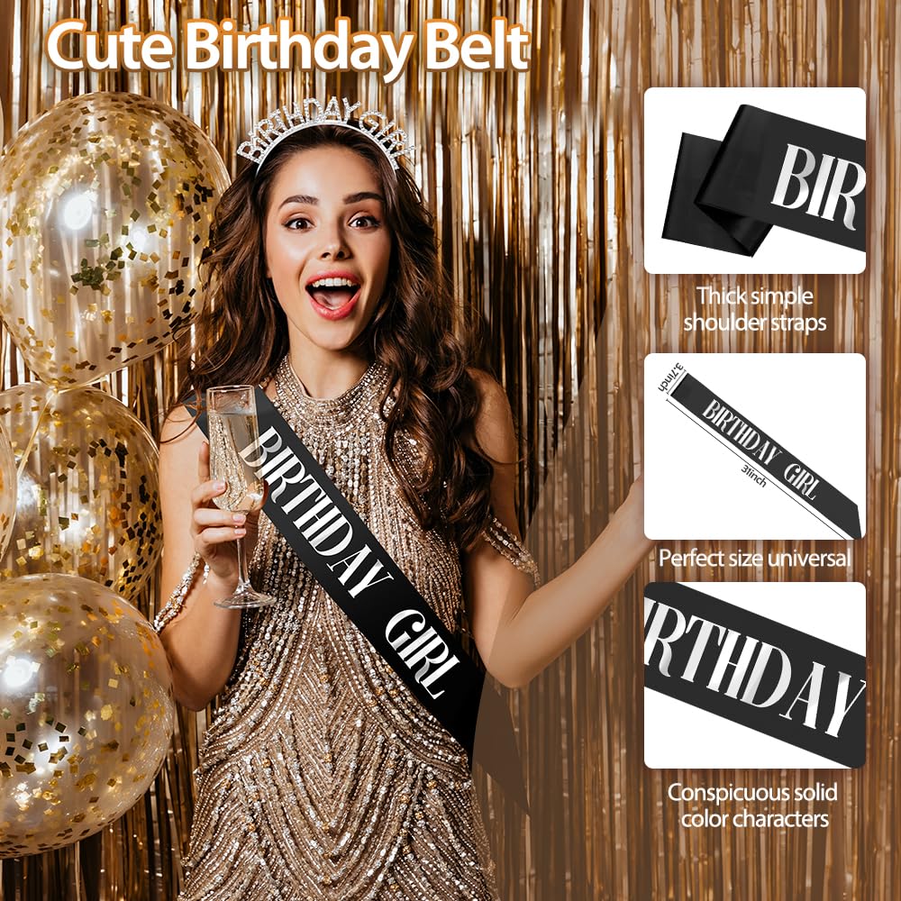 Birthday Sash Birthday Crown for Women, Birthday Girl Sash, Birthday Girl Crown, Black Birthday Sash and Crown Rhinestone Headband Set, Happy Birthday Girl Princess Tiara Sash Accessories Gifts