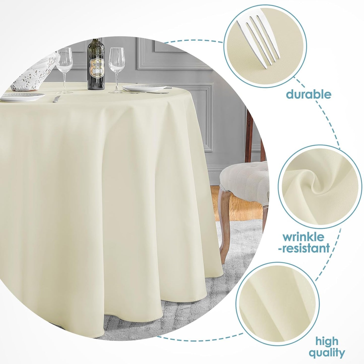 VidaFete Tablecloth 120inch Round Table Cloth Polyester, Stain Wrinkle Resistant Polyester Dining Table Cover for Kitchen Dinning Party Wedding Round Tabletop Buffet Decoration(Ivory)