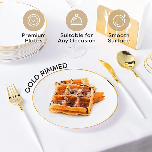 FOCUSLINE 100 Count Gold Plastic Plates 7 Inch, Disposable Heavy Duty Salad Dessert Plates, Premium Hard Plastic Plate Disposable with Gold Rim for Wedding Parties