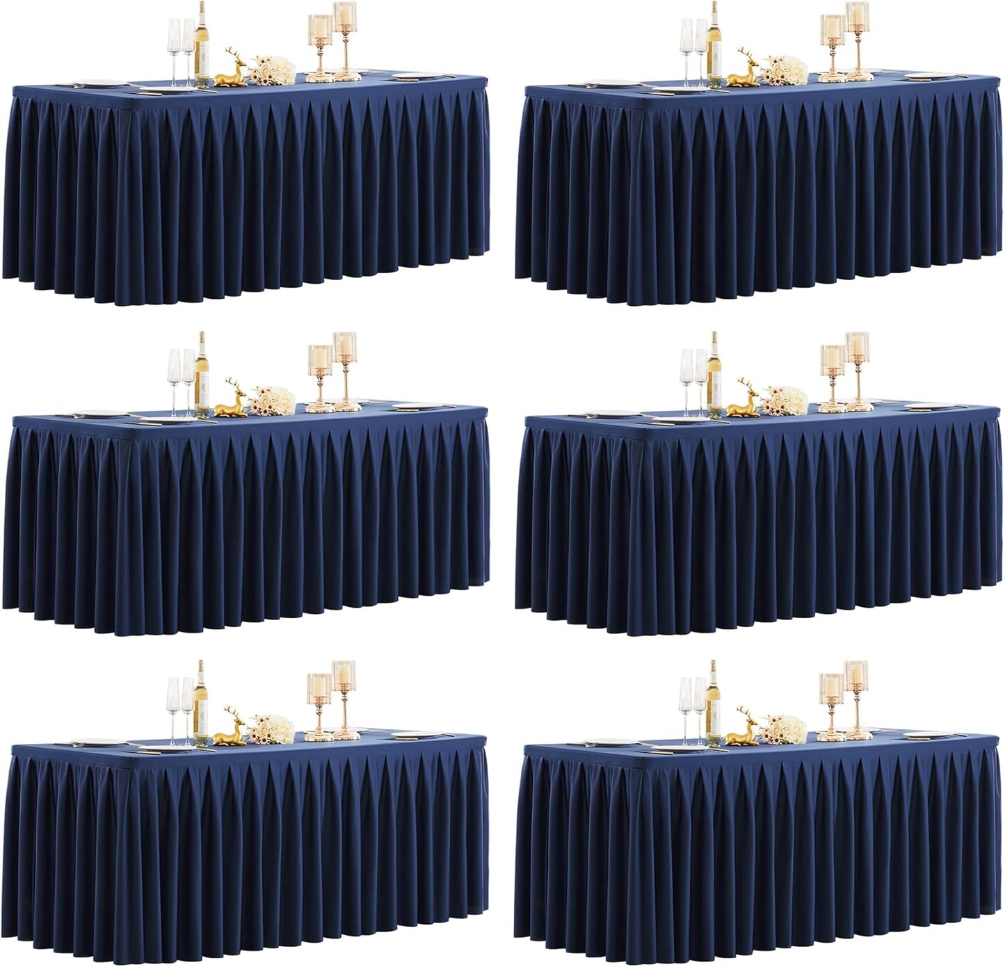 HB HBB MAGIC 6 Pack Navy Blue Tablecloths for 6 Foot Rectangle Tables, Elegant Pleated Table Skirt – Wrinkle Free Stretch Fitted Table Cover for Weddings, Banquets, Birthday Parties & Events
