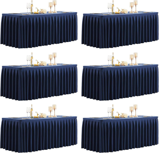 HB HBB MAGIC 6 Pack Navy Blue Tablecloths for 6 Foot Rectangle Tables, Elegant Pleated Table Skirt – Wrinkle Free Stretch Fitted Table Cover for Weddings, Banquets, Birthday Parties & Events