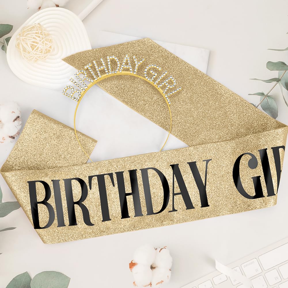 Birthday Sash Birthday Crown for Women, Birthday Girl Sash, Birthday Girl Crown, Glitter Gold Birthday Sash and Crown Rhinestone Headband Set, Happy Birthday Girl Princess Tiara Sash Accessories