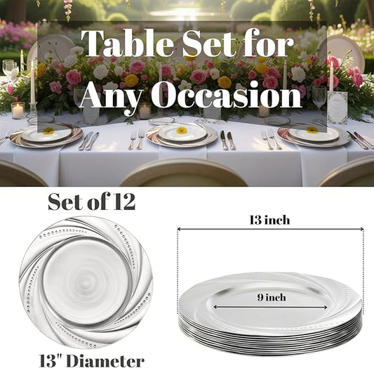 ZENFUN 12 Pack Plastic Silver Charger Plate, 13" Round Chargers Plate Decorative Dinner Chargers, Embossed Charger Serving Plates for Wedding, Catering Event, Tabletop Decor
