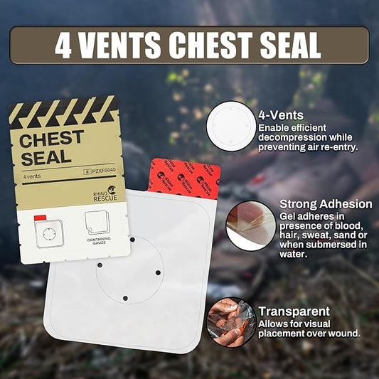 RHINO RESCUE Vented Chest Seal, 4 Vents, Sterile Emergency Trauma Dressing, Occlusive Adhesive Pad, IFAK Trauma Refill Medical First Aid Supplies for Wound Care, Gunshot Wound, Sucking Chest(6 Count)