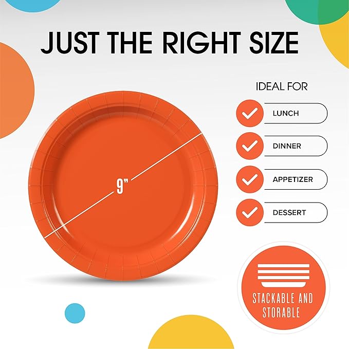Exquisite Party Solids Orange Paper Plates Disposable Heavy Duty 9 Inch Orange Disposable Plates For Party 100 Pcs Heavy Duty 350 GSM, Birthday Supplies