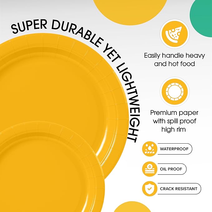 Exquisite Yellow Paper Plates Disposable Heavy Duty 100 Pcs - 50-7" & 50-9" Yellow Disposable Plates For Party Heavy Duty Paper Plate 350 GSM Birthday Party Supplies Plate Set