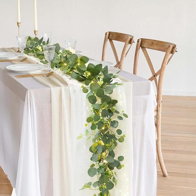 N&T NIETING 6 Pack Artificial Eucalyptus Garland with Lights, 6FT Artificial Greenery Garlands, Battery Operated Twig Vine for Room Stairs Mantle Wedding Holiday Easter Decoration Indoor Outdoor