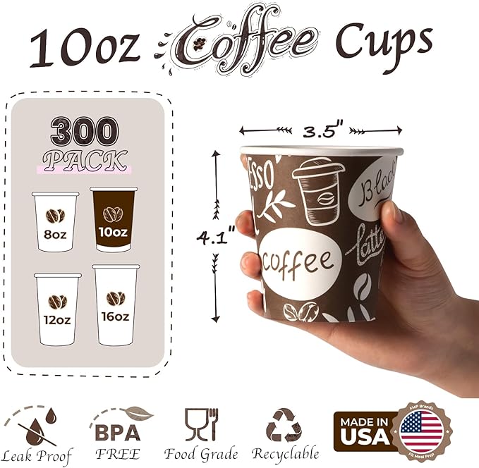 Fit Meal Prep 10 oz Coffee Cups 300 Count, Leak-Proof Hot Cup, Disposable Paper Coffee Cup Bulk for Hot/Cold Beverage, Durable Thickened Paper Cups for Party, Office, Bussines, Home, Bistros