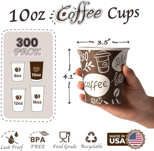 Fit Meal Prep 10 oz Coffee Cups 300 Count, Leak-Proof Hot Cup, Disposable Paper Coffee Cup Bulk for Hot/Cold Beverage, Durable Thickened Paper Cups for Party, Office, Bussines, Home, Bistros