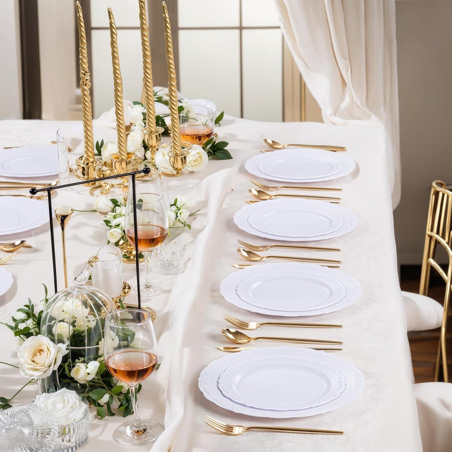 U-QE 100 Pieces White Plastic Plates - White Disposable Plates - Premium Hard Plastic Disposable Plates for Wedding and Party Use Including 50 Dinner Plates 10 '' & 50 Dessert Plates 7.5 ''