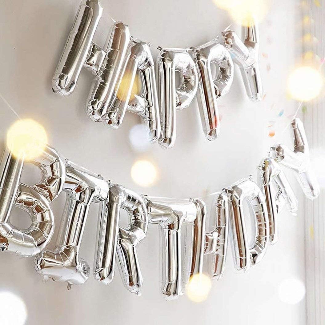 TONIFUL Silver Happy Birthday Balloons Banner, 16 Inch Mylar Foil Letters Sign Bunting Reusable for Girls Boys Kids & Adults Birthday Decorations Party Supplies