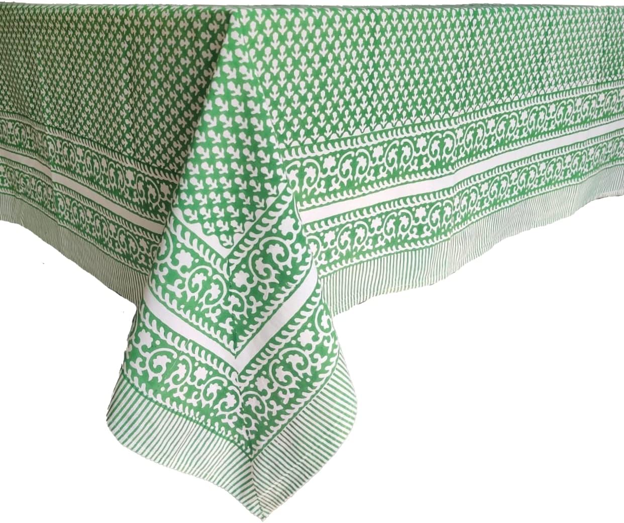 ATOSII Queen Green 100% Cotton Rectangle Tablecloth, Handblock Print Floral Table Cloth for Kitchen Dining Linen I Weddings Outdoors Picnics Spring Summer I 72 X 140 Inches I 12 Seater