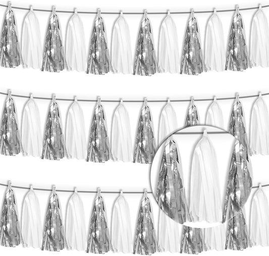 3P White Silver Tassel Banner Garland Metallic Foil Fringe Banner Tinsel Tassels Streamer Banner Backdrop for Parade Floats, Graduation Bridal/Baby Shower Retirement Party Decorations