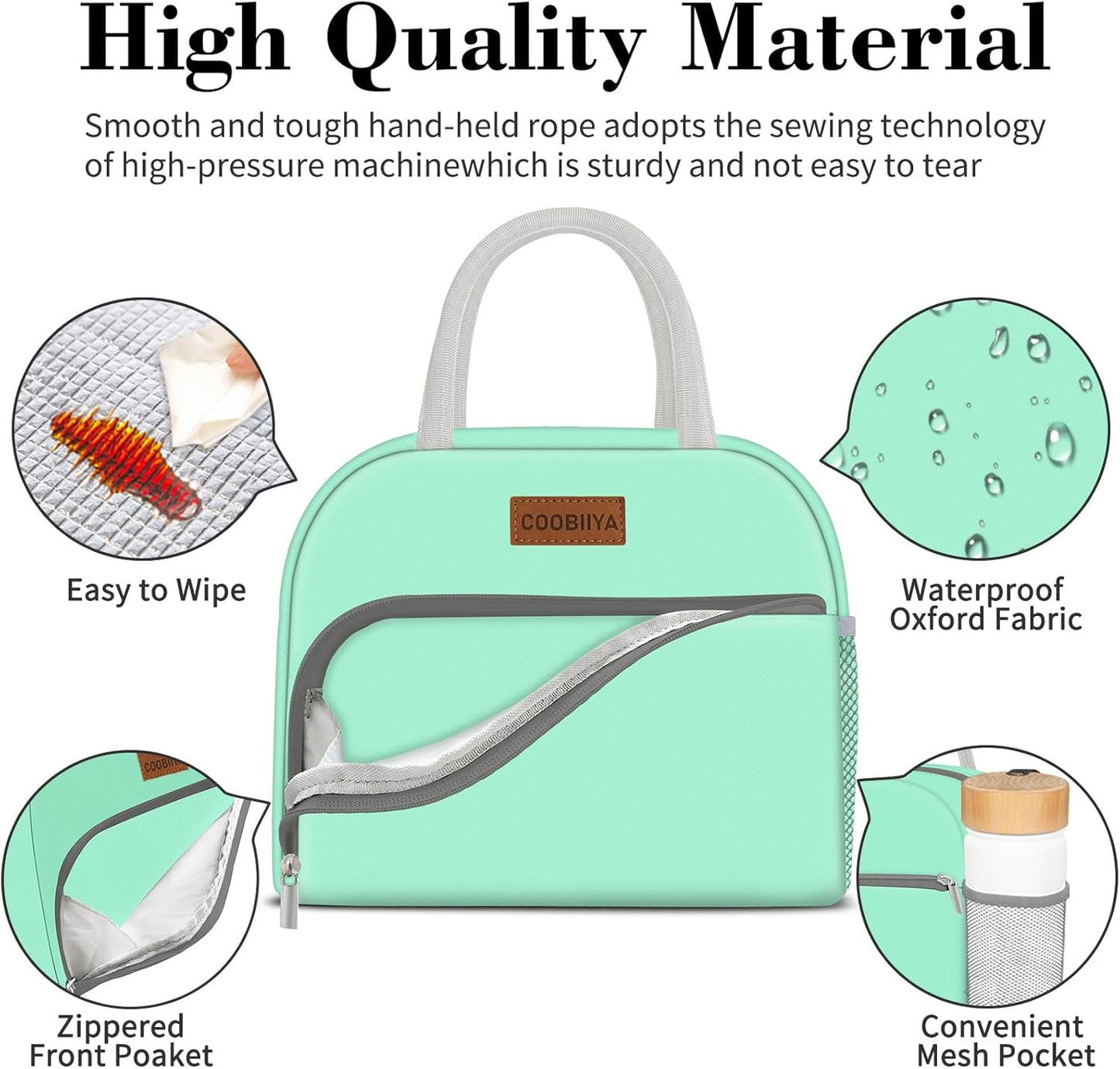 Coobiiya Lunch Bag Women, Lunch Box Bag for Women Adult Men, Small Leakproof Cute Lunch Tote Large Capacity Reusable Insulated Cooler Lunch Container for Work/Office/Picnic/Travel-Green