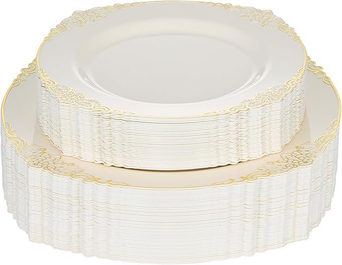 100 PCS Ivory and Gold Plastic Plates for 50 Guests, Gold Disposable Plates Include 50 PCS Dinner Plates, 50 PCS Dessert Plates for Party, Wedding and Graduation (100, Ivory White)