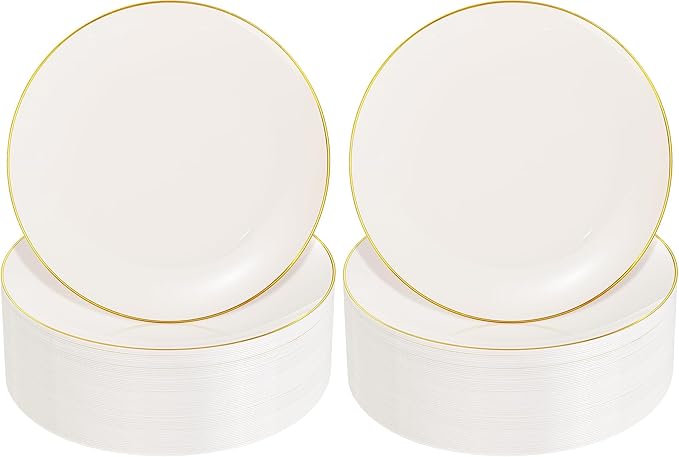Nervure 100Pcs Ivory and Gold Plastic Plates - 10.25inch Disposable Ivory Dinner Plates - Heavy Duty Plastic Plate Ideal for Wedding & Party (Pack of 2)