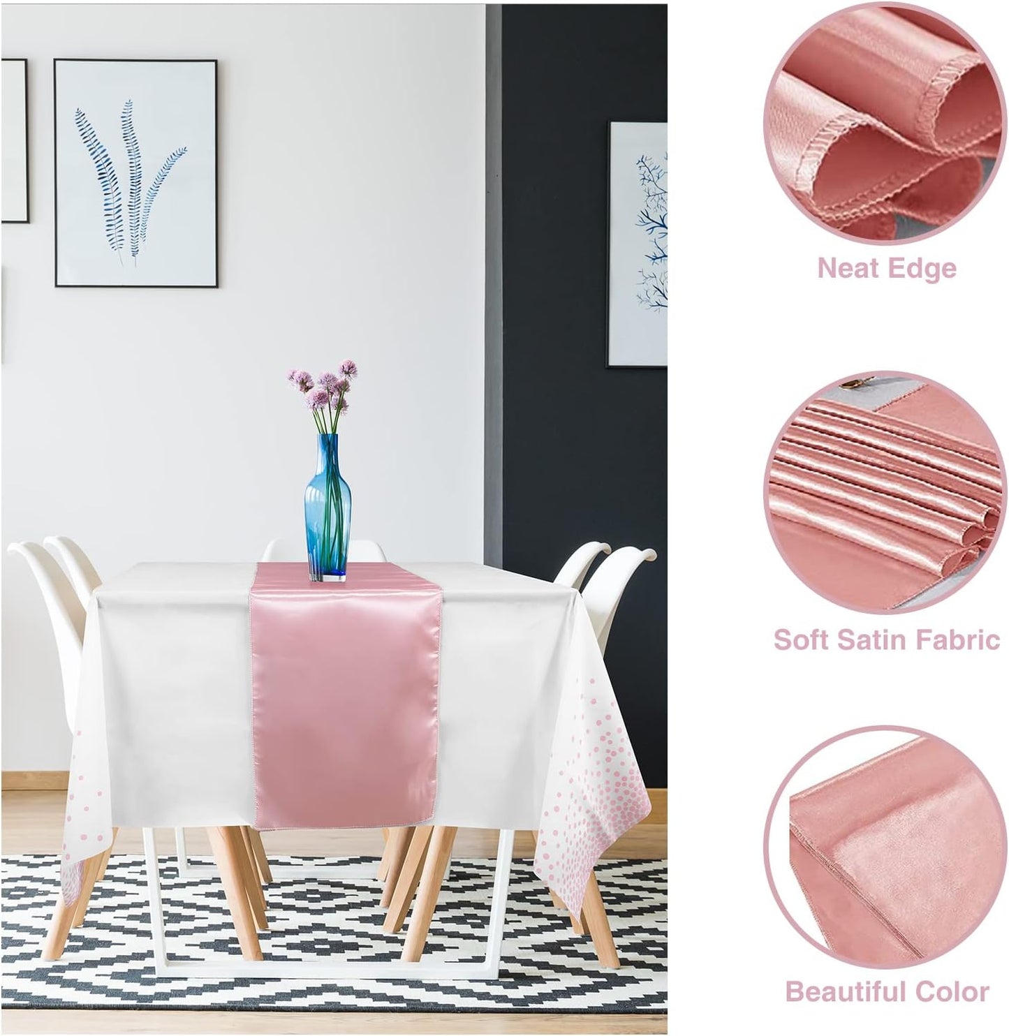 8Pack Disposable Plastic Tablecloths and Satin Table Runner Set White and Rose Gold Dot Tablecloth Rose Gold Satin Table Runner for Wedding Birthday Anniversary Christmas New Year Party Decorations