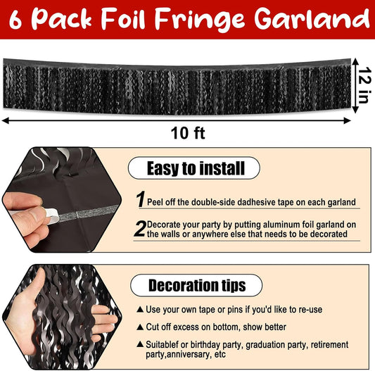 6 Pack 10 Feet Black Wave Foil Fringe Garland Metallic Tinsel Streamers Banner Wall Hanging Curtain Backdrop for Parade Floats, Mother's Day, Easter, Wedding, Birthday Party Decoration