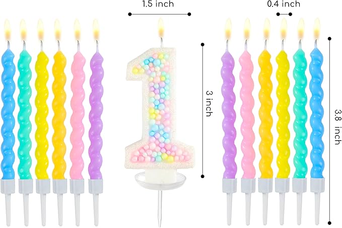 PHD CAKE Number 1 Birthday Candle Macaron Glitter Number Candle with Rainbow Spiral Candles in Holders for Cake Topper, Pastel Sweet Theme Party Decoration