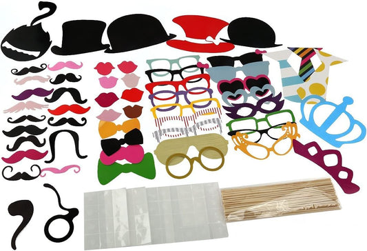 Tinksky Photo Booth Props 60 piece DIY Kit for Wedding Party Reunions Birthdays Photobooth Dress-up Accessories & Party Favors, Costumes with Mustache on a stick, Hats, Glasses, Mouth, Bowler, Bowties