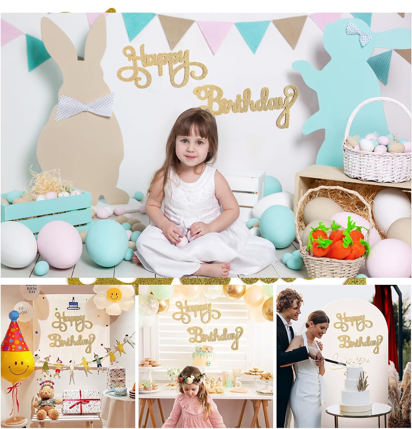 Champagne Gold Happy Birthday Sign for Arch Backdrop - Glitter Felt Happy Birthday Signs Large Letters for Balloon Banner Backdrop Wall Decorations for Party Banner for Women, Men, Kids