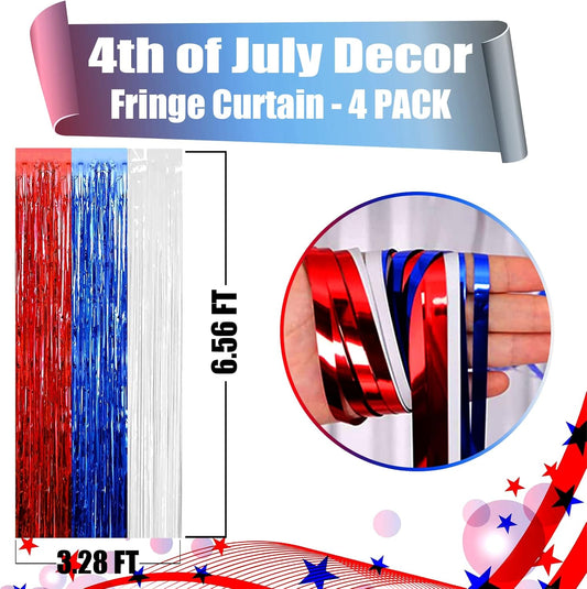 4 Pack Red Blue White Foil Fringe Curtain Backdrop, 3.28Ft x 6.56Ft Metallic Tinsel Foil Fringe Streamers Curtains for Photo Booth, Wedding, Mardi Gras, Birthday, Independence Day Party Decoration