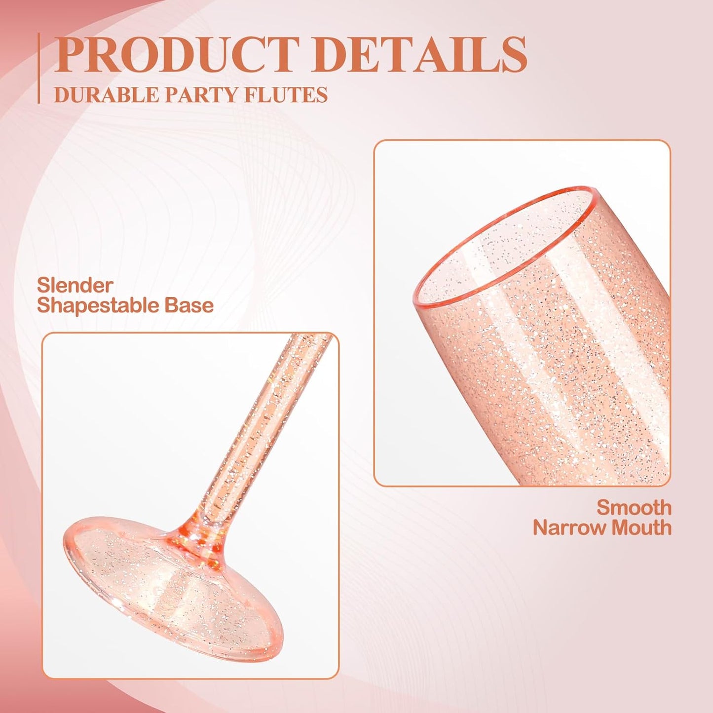 XUWAIDSGN 24 Pcs Champagne Flutes Plastic Wine Glasses Bulk Vintage Champagne Flutes Mimosa Bar Glasses Stemmed Drinking Cups 5.4OZ for Christmas Birthday Wedding Bride (24, Rose gold glitter)
