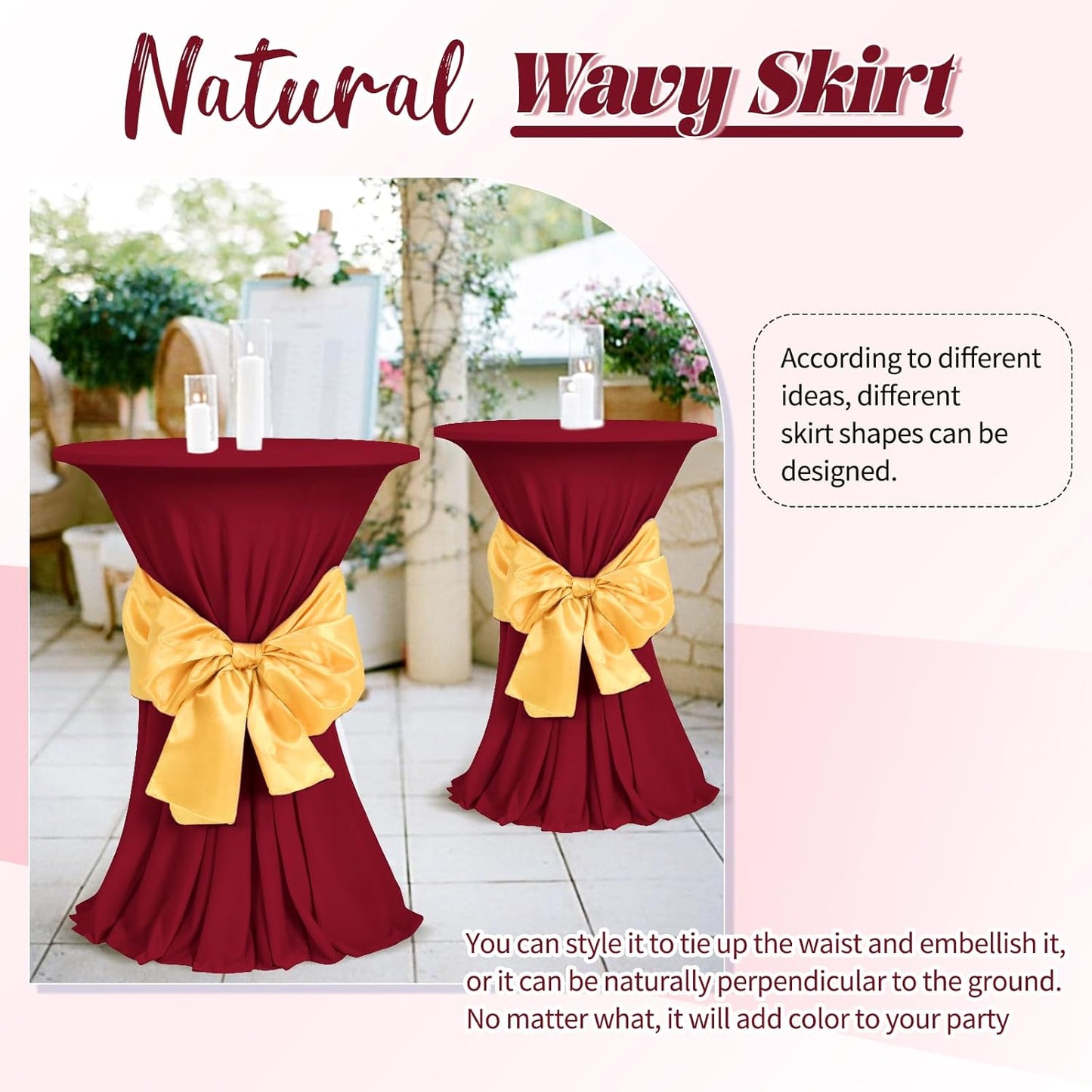 3 Packs Cocktail Table Covers Burgundy Round Bar Table Cloth Wine Red 32"x 43" Spandex Stretch High Top Table Covers with Wavy Drapes Fitted High Top Table Cloth for Party Wedding Banquet Bar Table