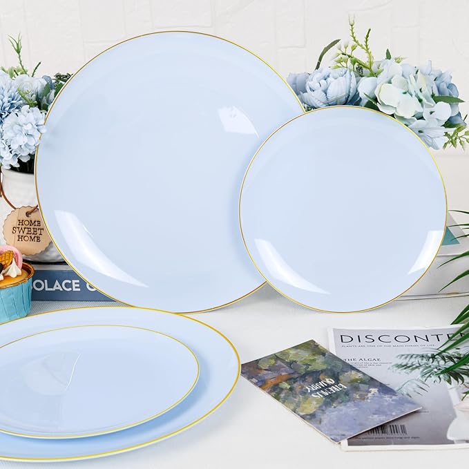 PULOTE 100PCS Blue Plastic Plates - Disposable Light Blue Include 50 Dinner & 50 Dessert/Salad Plates for Party, Wedding & Easter