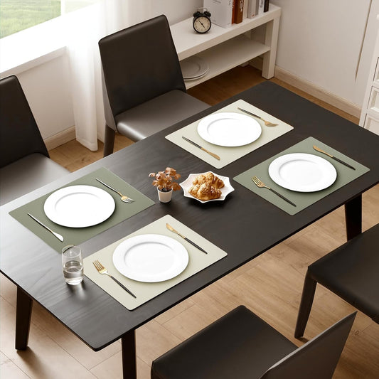 MOSAYT Vinyl Placemats Set of 8, Heat Resistant Place Mats 100% Waterproof Washable & Wipeable Faux Leather Reversible Table Mats for Kitchen Dining Party Indoor Outdoor, 12" x 17", Beige/Sage Green