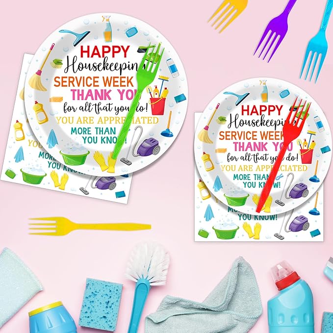 96Pcs Colorful Happy Housekeeping Week Paper Plates and Napkins We Appreciate You Disposable Tableware Thanks for All You Do Party Plate for 24 Guests Housekeepers Appreciation Party Supplies