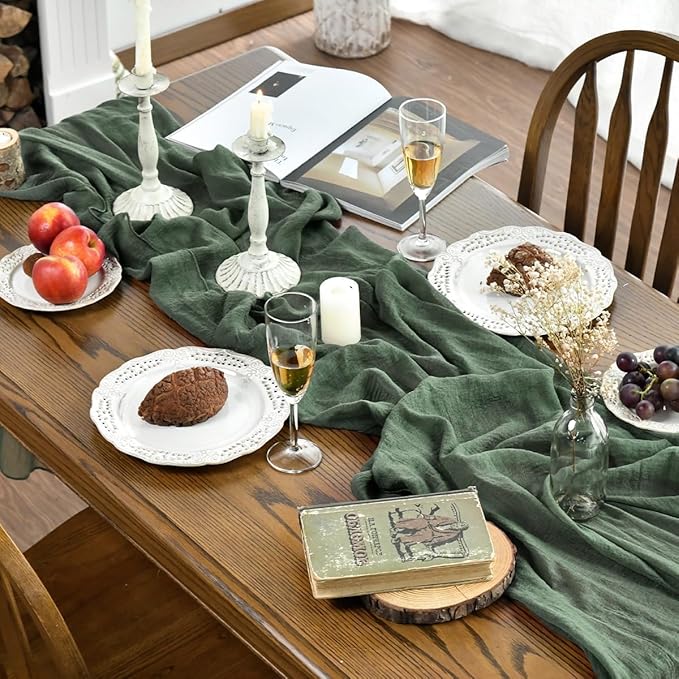 Artoid Mode Boho Cheesecloth Gauze Forest Green Wedding Table Runner, 120 Inch Seasonal Fabric Kitchen Dining Holiday Table Decor for Home Party Indoor
