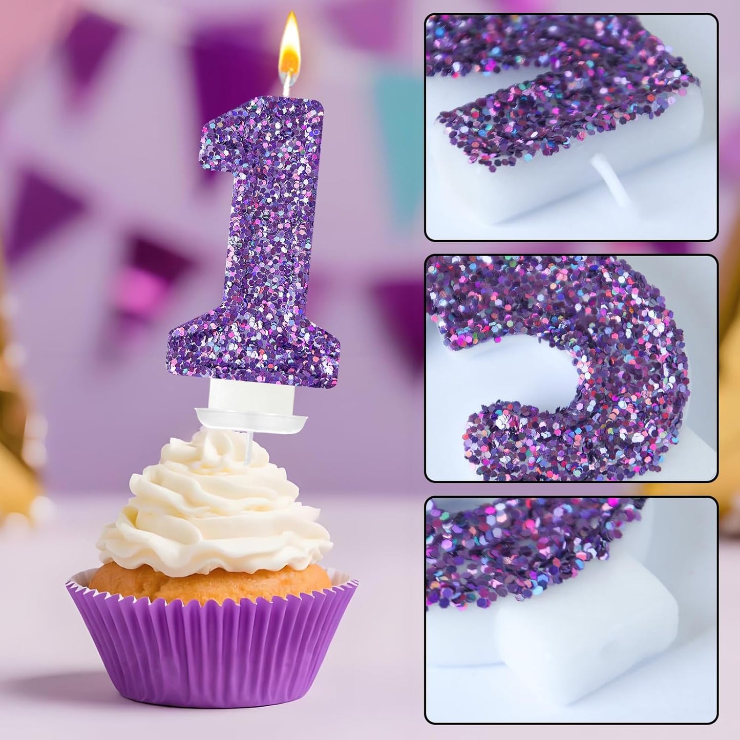 Birthday Number Candles, Glitter Number Candle Cake Decorations with Sequins, Cupcake Decorations for Girls, Women, Party Anniversary Celebrations (Number 1, Purple)