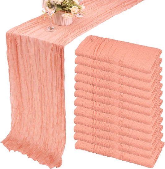 12 Pack 13Ft Cheesecloth Table Runner 35x157 Inch Boho Gauze Table Runner Cheese Cloth Long Table Runners Rustic Table Runners for Wedding Bridal Shower Birthday Party Table Decor (Peach Coral)