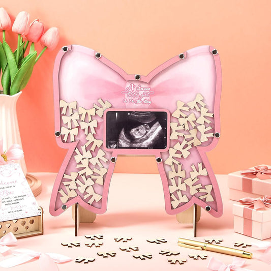 Wenqik 63 Pcs Coquette Pink Bow Baby Shower Guest Book Alternatives Set Baby Shower Decorations with Photo Frame Sonogram Frame Keepsake 60 Wood Slices Guest Book for Birthday