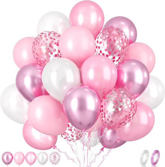 Paready Pink Balloons Set, 60 Pcs 12 Inch Pearl Balloons Metallic Macaron Pink Balloon, Pink Confetti Party Balloon for Girl Women Birthday Wedding Baby Shower Bridal Shower Decorations