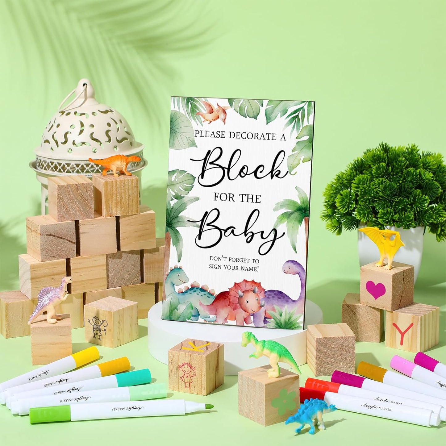 Tatuo 75 Pcs Baby Shower Games Sign Kit Including Decorate a Block Game Sign 50 DIY Wooden Block 24 Acrylic Paint Marker Baby Shower Prize for Gender Reveal Party(Dinosaur)