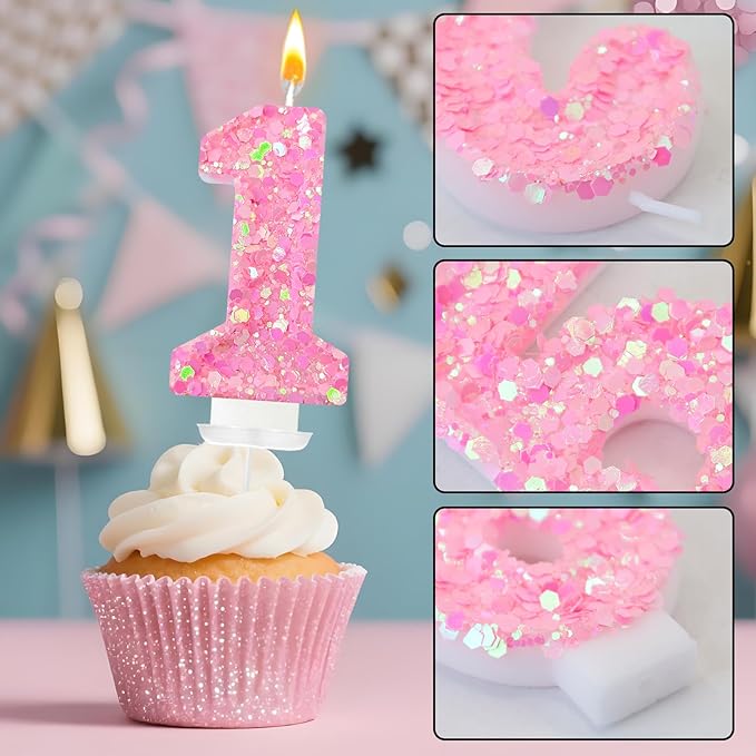 Zailo Birthday Number Candles, Glitter Number Candle Cake Decorations with Sequins, Cupcake Decorations for Girls, Women, Party Anniversary Celebrations (Number 1, Light Pink)