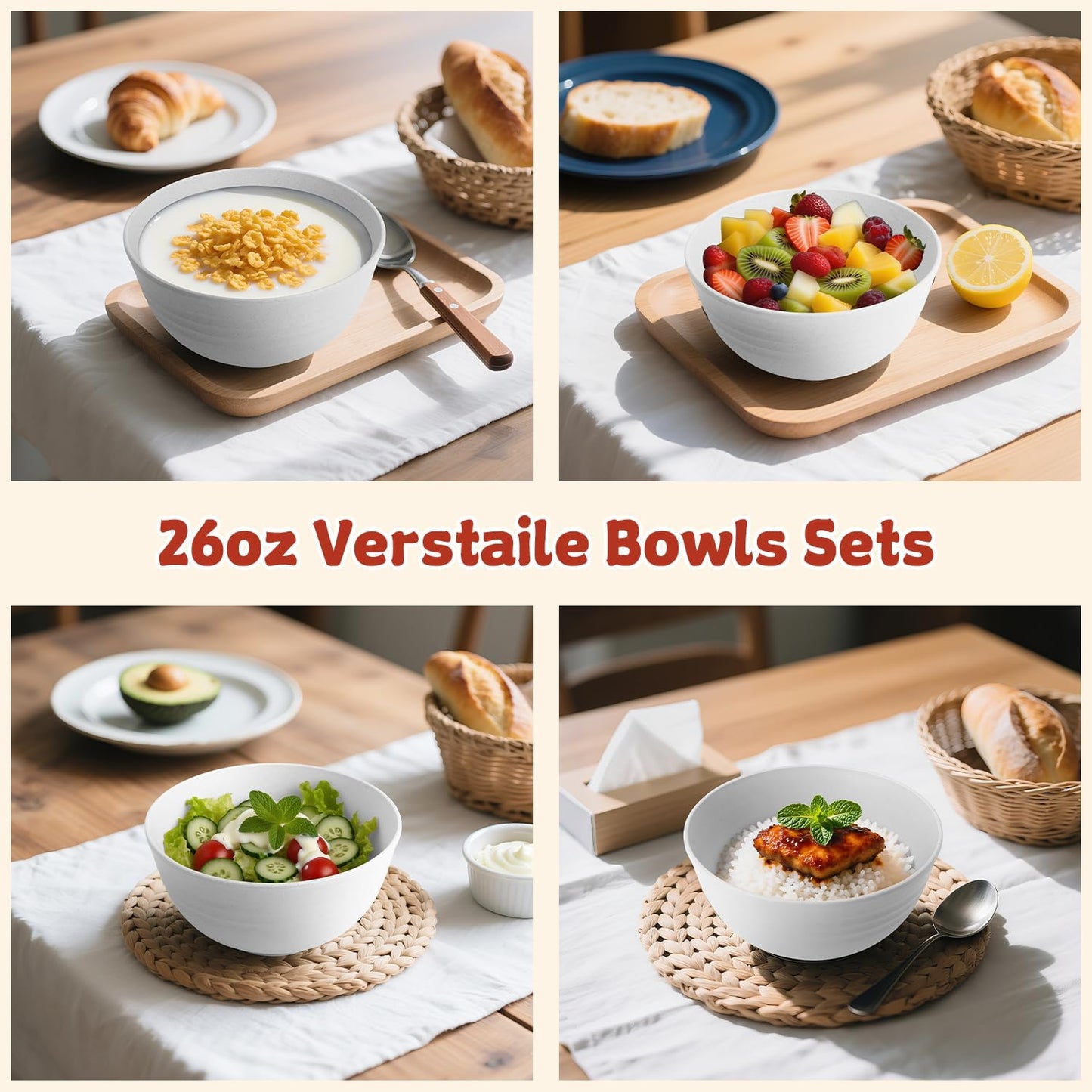 Wrova Wheat Straw Camping Bowls Sets of 6,Unbreakable 26oz Lightweight Bowls Sets for Outdoors Activity,Breakfast Bowls for Cereal and Salad.White Series