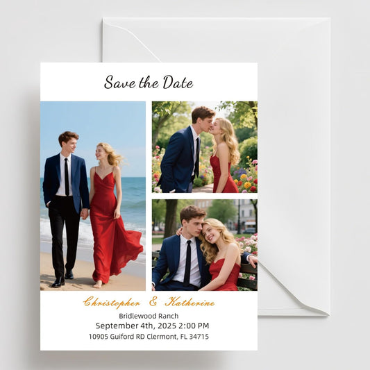 Personalized Save the Date Wedding Invitation Card with Photo 4x6inch 350GSM Papers and Envelopes, Custom Thank You card for Weddings, Birthdays and Parties, 50pcs or more (Vertical with 3 Photos)