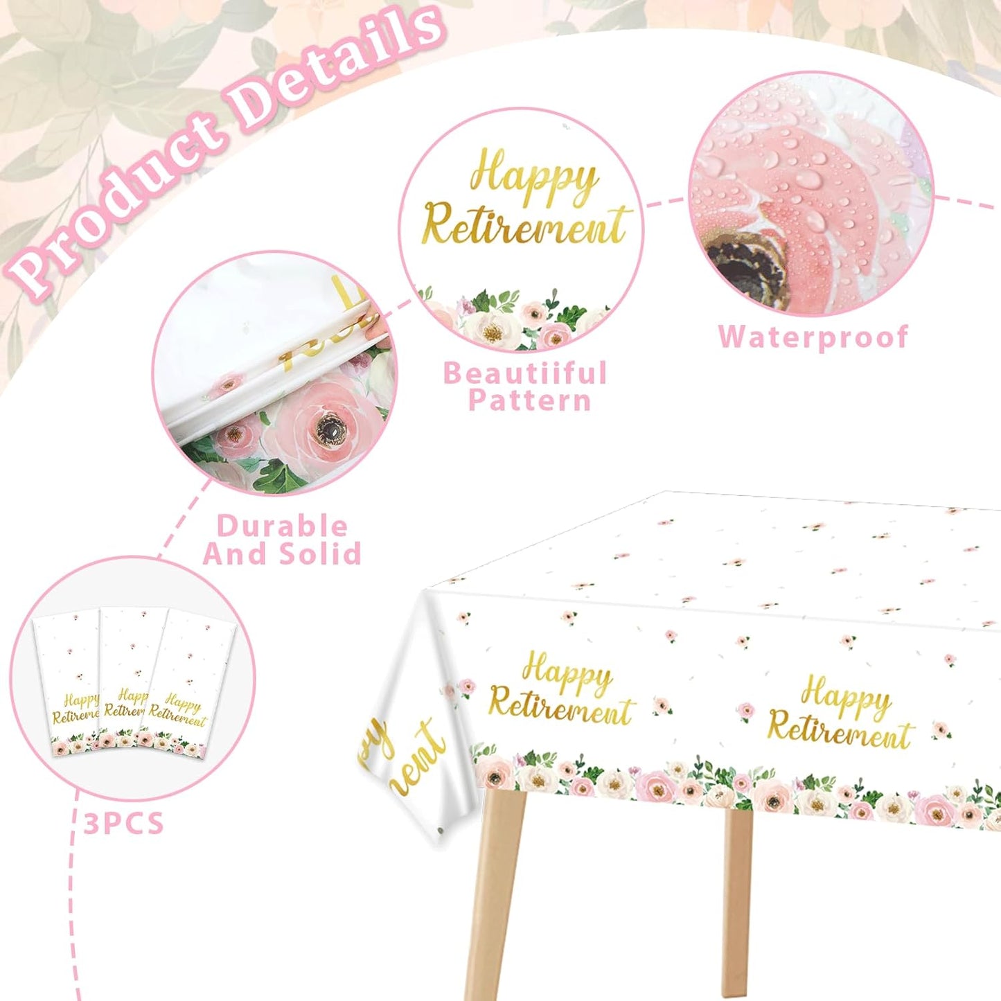 3Pcs Flower Retirement Tablecloths Happy Retirement Party Decorations White Peony Table Covers Pink Gold Floral Plastic Disposable Table Decor for Women Goodbye Going Away Party Supplies 54 x 108 Inch