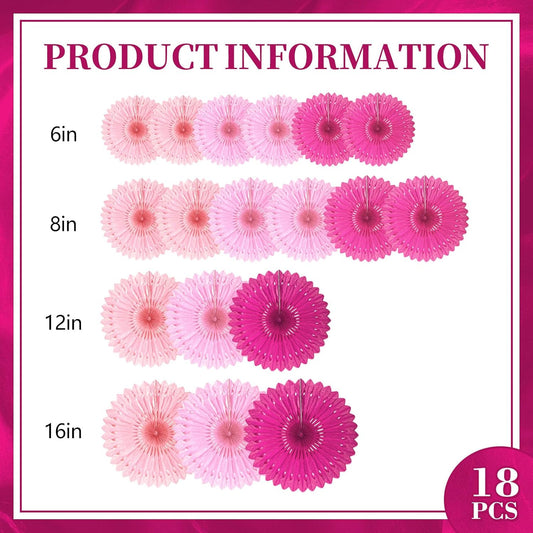 18 Pcs Pink Set Hanging Paper Fan, Hanging Honeycomb Round Paper Fans for Weddings, Birthdays, Baby Showers, Classroom, Events Ceiling Party Supplies Decorations