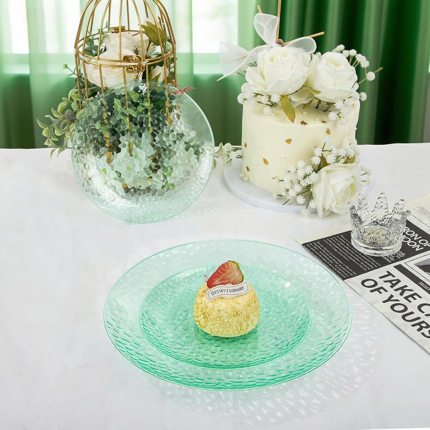 Rubtlamp 60Pcs Green Plastic Plates, Heavy Duty Disposable Plates With Hammered Design, Green Party Disposable Plate Include 30 Dinner Plate, 30 Salad Platos, Fancy Plastic Platos For Wedding