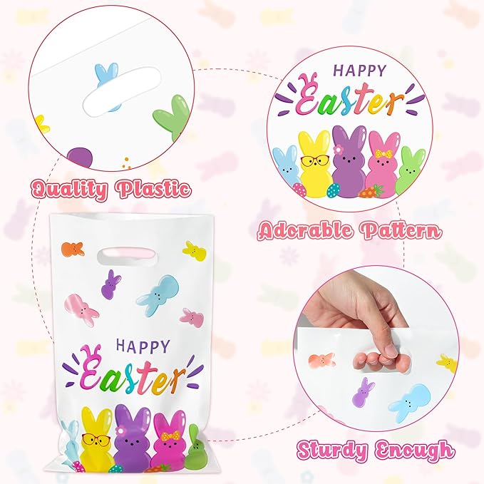 50Pcs Easter Bunny Peeps Party Favor Bag - Happy Easter Rabbit Plastic Waterproof Goodie Bag with Die Cut Handles Rectangular Candy Gift Bags for Kids Festival Decoration Party Favor Supplies