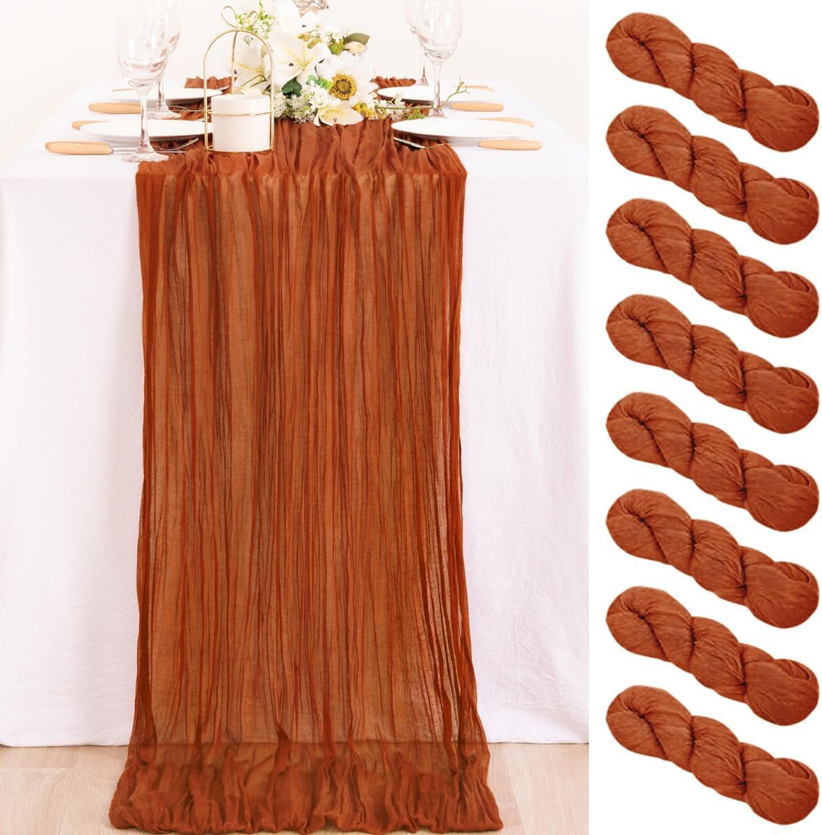 MLMC 8 Pack Terracotta Fall Thanksgiving Table Runner 10ft Rustic Burnt Orange Rust Gauze Cheesecloth Table Runner 120 inch for Wedding Bridal Shower Pinic Party Gathering Decor
