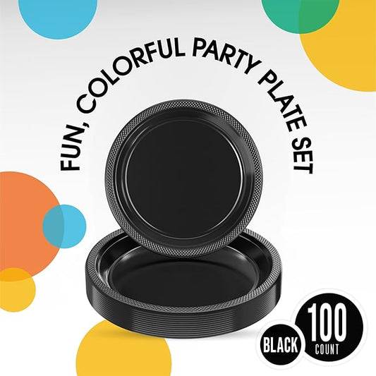 Party Solids Black Plastic Plates For Party Supplies, Black Disposable Plates 100 Pieces - 50-7" & 50-9" Heavy Duty 350 GSM Disposable Dinnerware Sets, Plastic Dinnerware Sets