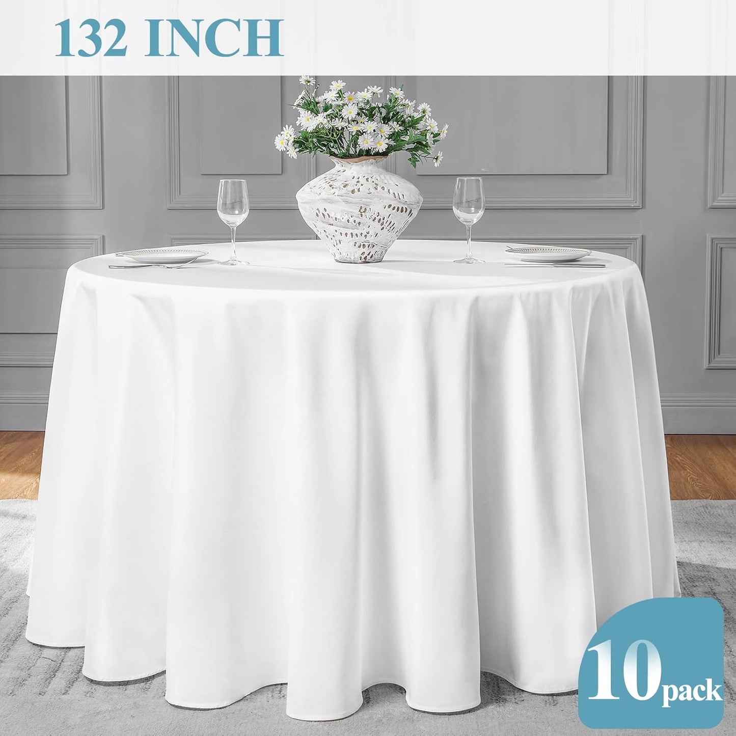 VidaFete Round Tablecloth 132inch 10pack Polyester Table Cloth, Stain Wrinkle Resistant Polyester Dining Table Cover for Kitchen Dinning Party Wedding Rectangular Tabletop Buffet Decoration(White)